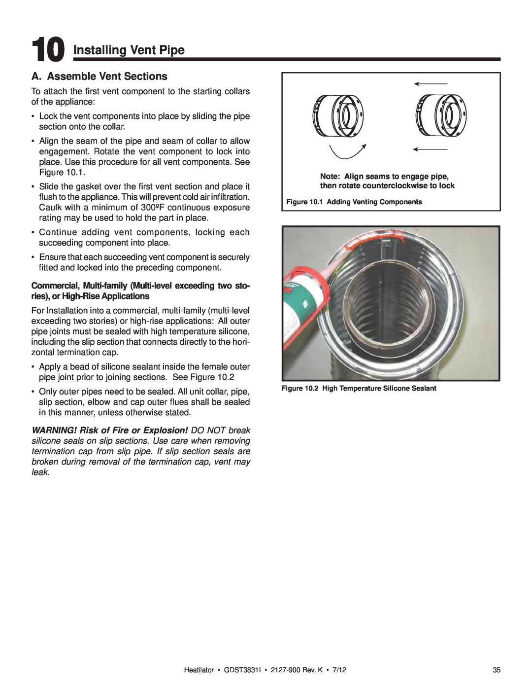 Heatiator GDST3831I owner manual Installing Vent Pipe, A. Assemble Vent Sections 
