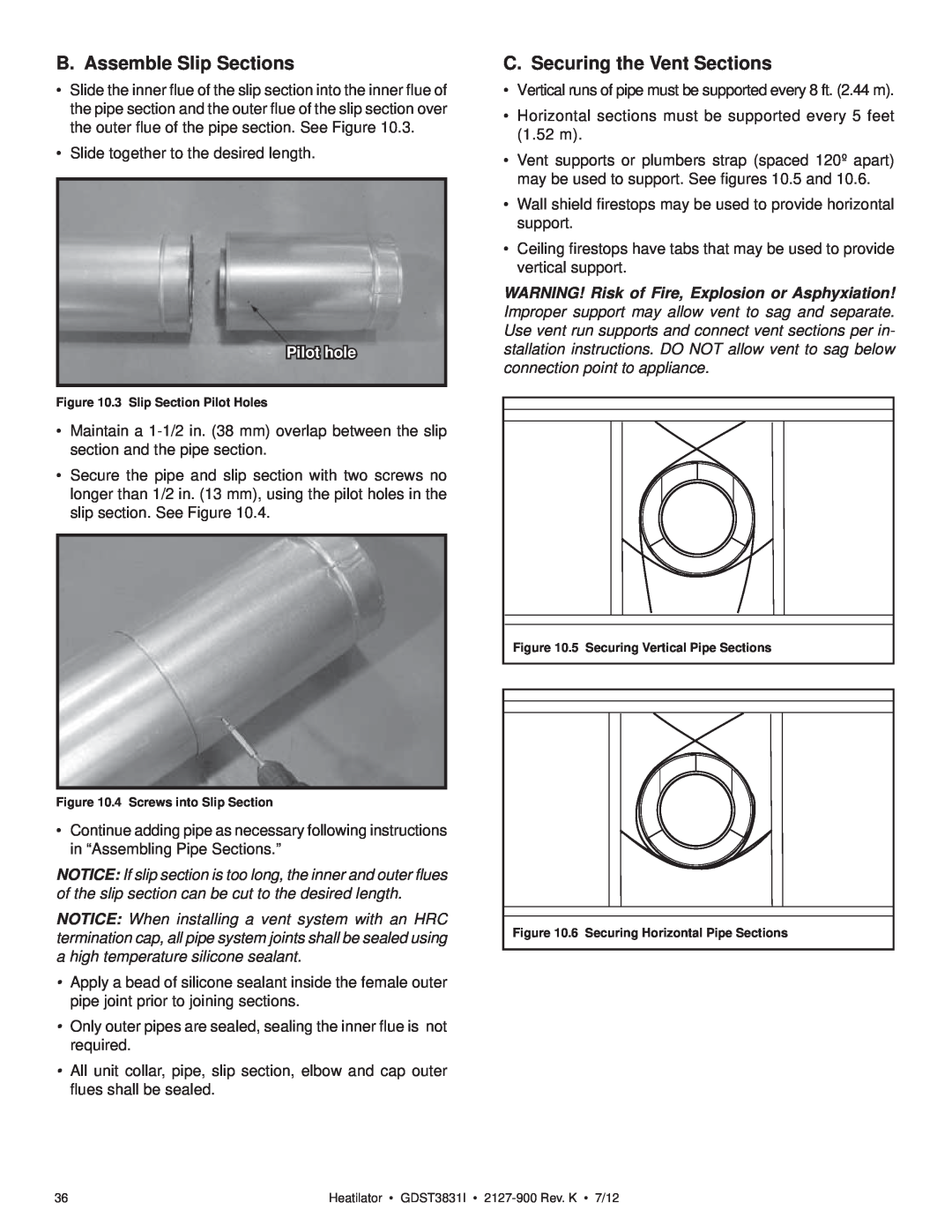 Heatiator GDST3831I owner manual B. Assemble Slip Sections, C. Securing the Vent Sections, Pilot hole 
