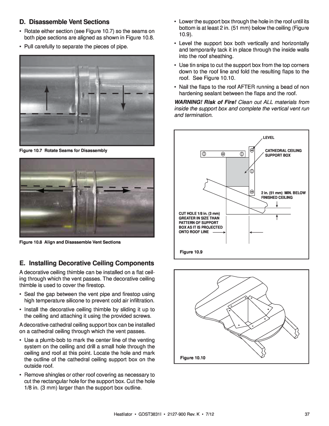 Heatiator GDST3831I owner manual D. Disassemble Vent Sections, E. Installing Decorative Ceiling Components 