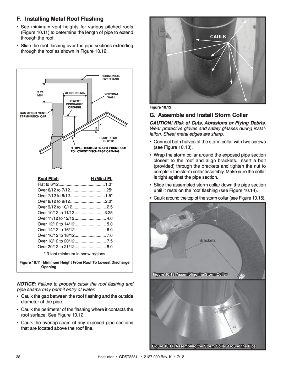 Heatiator GDST3831I owner manual F. Installing Metal Roof Flashing, G. Assemble and Install Storm Collar, Caulk 