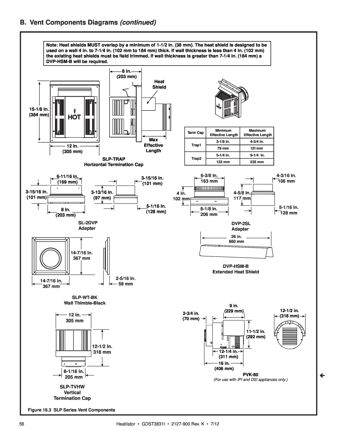 Heatiator GDST3831I B. Vent Components Diagrams continued, 12 in. 305 mm, SL-2DVP Adapter 14-7/16in 367 mm, 2-5/16in, 4 in 