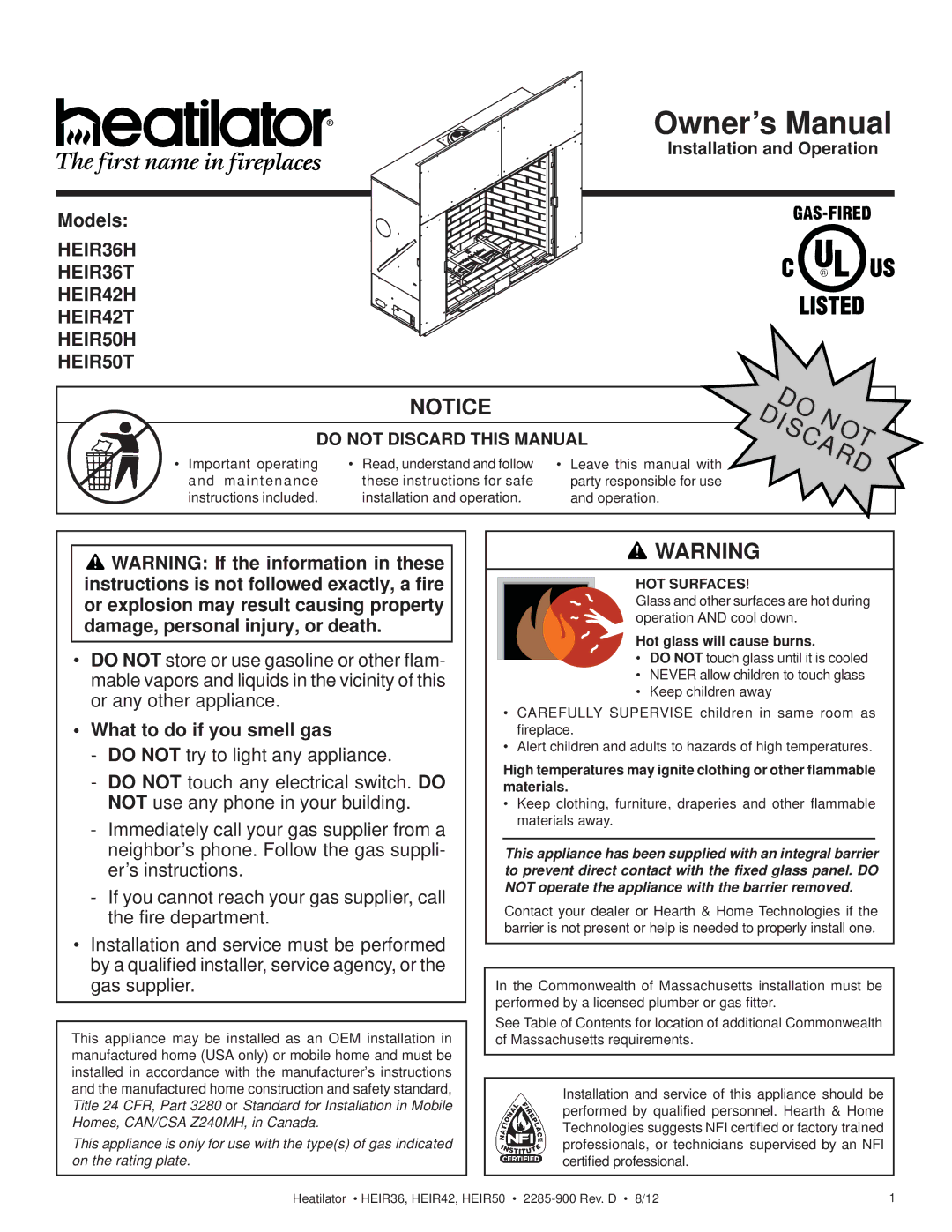 Heatiator HEIR42T, HEIR42H, HEIR50T, HEIR36H owner manual Models, What to do if you smell gas, Do Discardnot, HOT Surfaces 