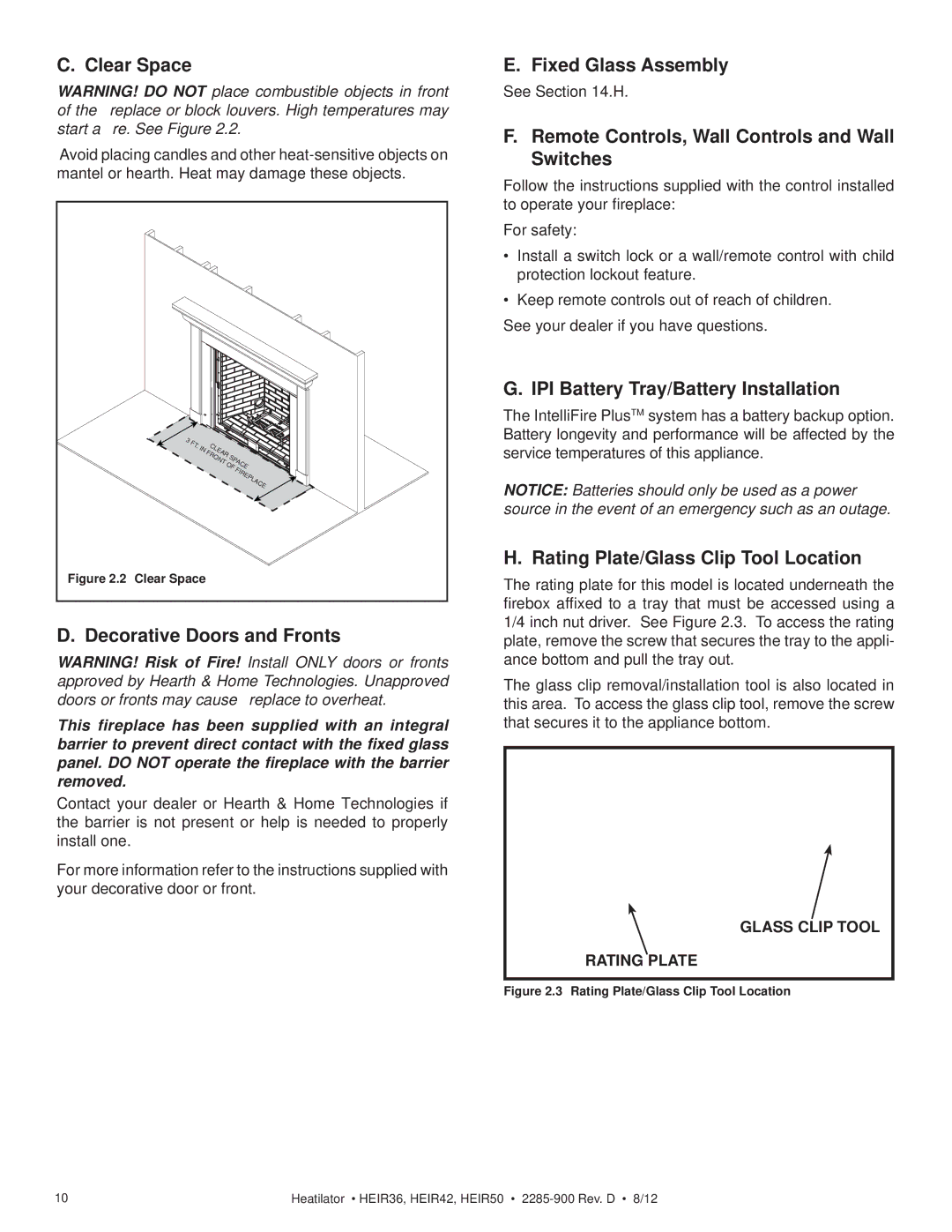 Heatiator HEIR36T Clear Space, Decorative Doors and Fronts, Fixed Glass Assembly, IPI Battery Tray/Battery Installation 