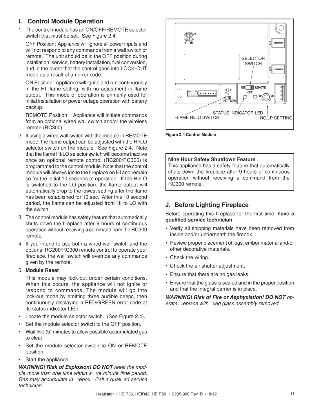 Heatiator HEIR50H Control Module Operation, Before Lighting Fireplace, Module Reset, Nine Hour Safety Shutdown Feature 