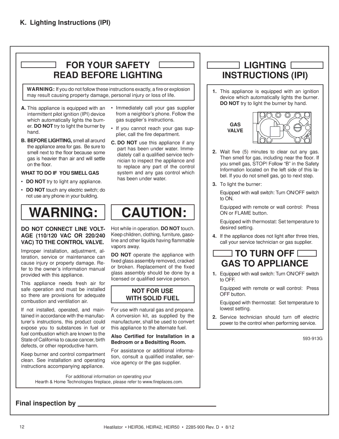 Heatiator HEIR42H, HEIR42T, HEIR50T Lighting Instructions IPI, Final inspection by, What to do if YOU Smell GAS, GAS Valve 