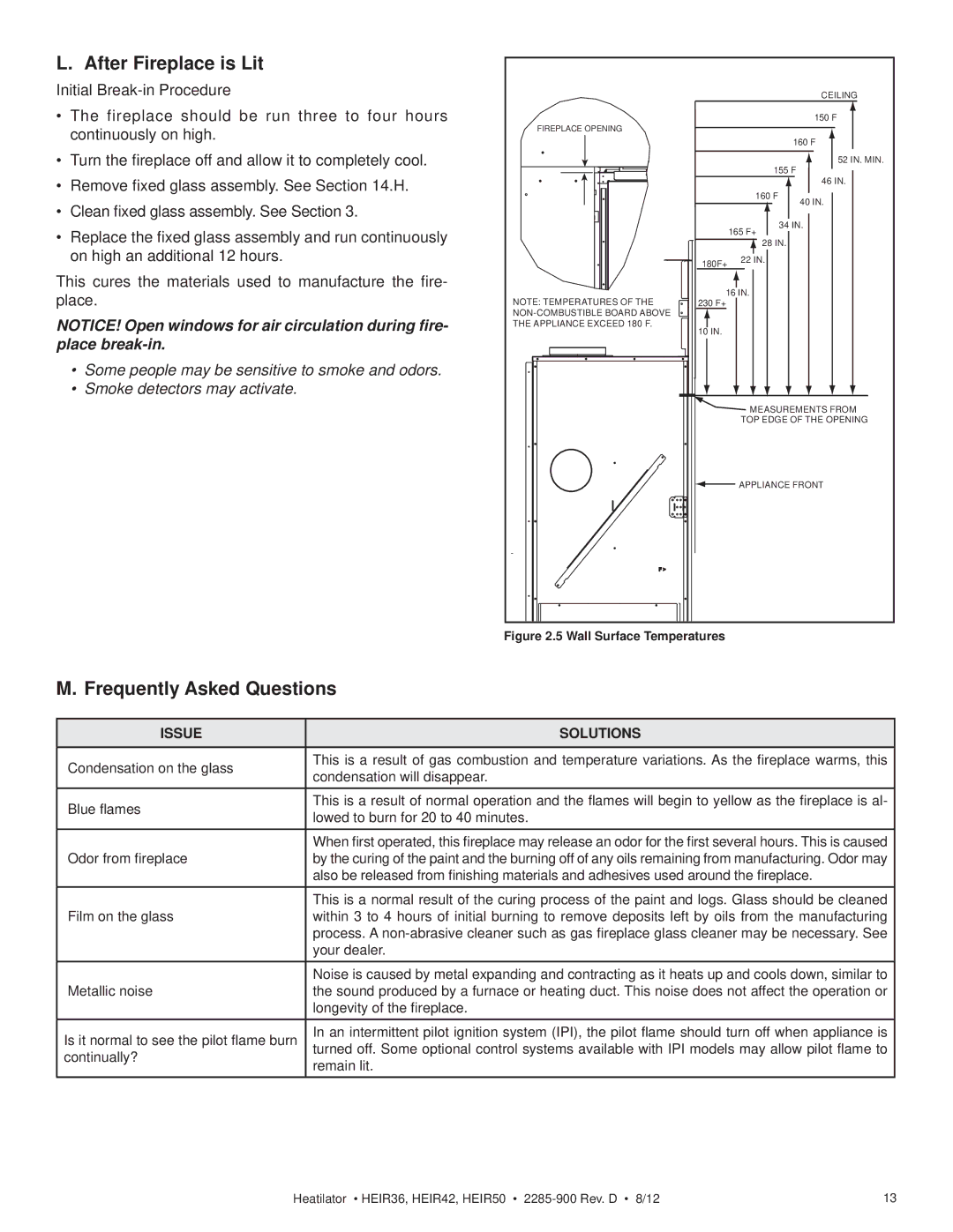 Heatiator HEIR42T, HEIR42H, HEIR50T, HEIR36H, HEIR36T After Fireplace is Lit, Frequently Asked Questions, Issue Solutions 