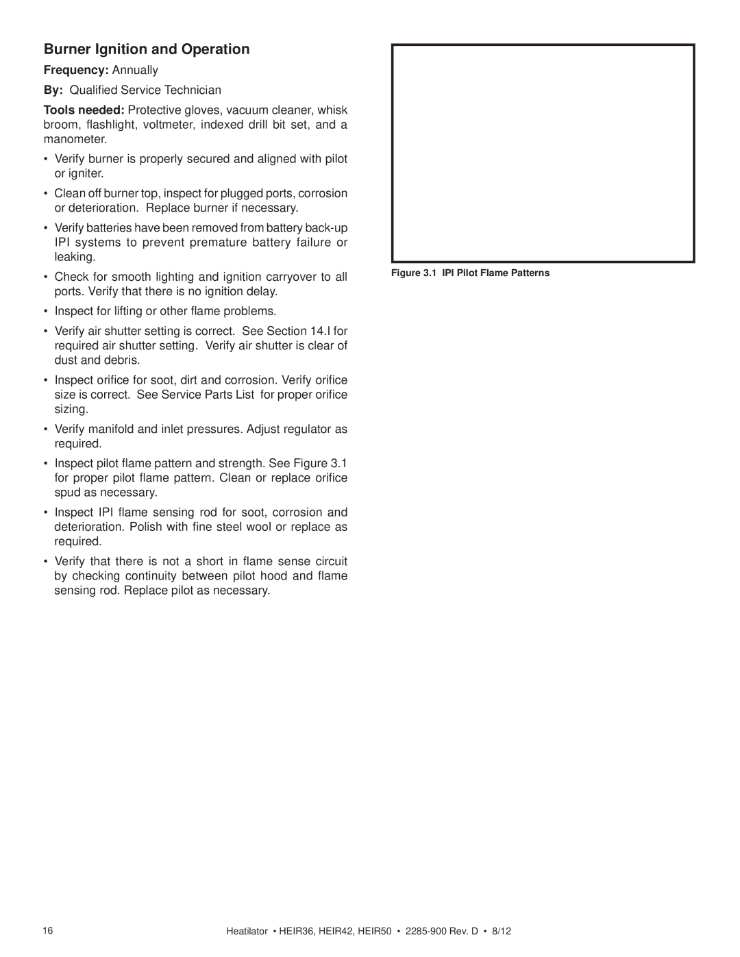 Heatiator HEIR36T, HEIR42H, HEIR42T, HEIR50T, HEIR36H, HEIR50H Burner Ignition and Operation, IPI Pilot Flame Patterns 