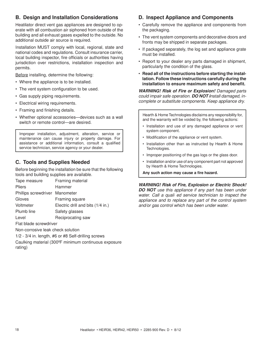 Heatiator HEIR42H Design and Installation Considerations, Tools and Supplies Needed, Inspect Appliance and Components 