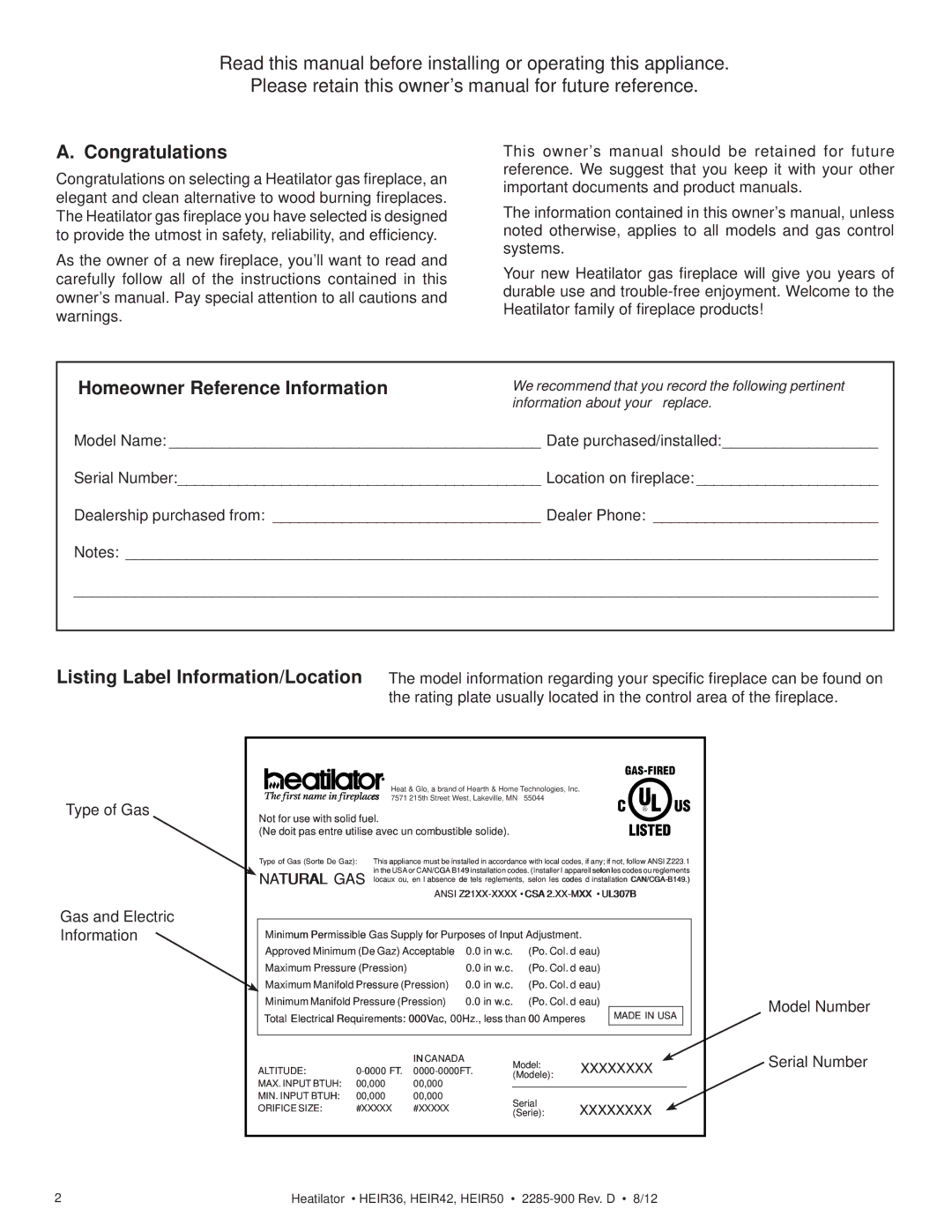 Heatiator HEIR50T, HEIR42H, HEIR42T, HEIR36H, HEIR36T, HEIR50H owner manual Congratulations, Homeowner Reference Information 