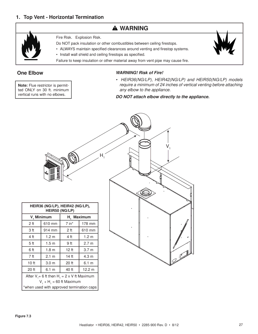 Heatiator HEIR36H, HEIR42H, HEIR42T Top Vent Horizontal Termination, One Elbow, HEIR36 NG/LP, HEIR42 NG/LP HEIR50 NG/LP 