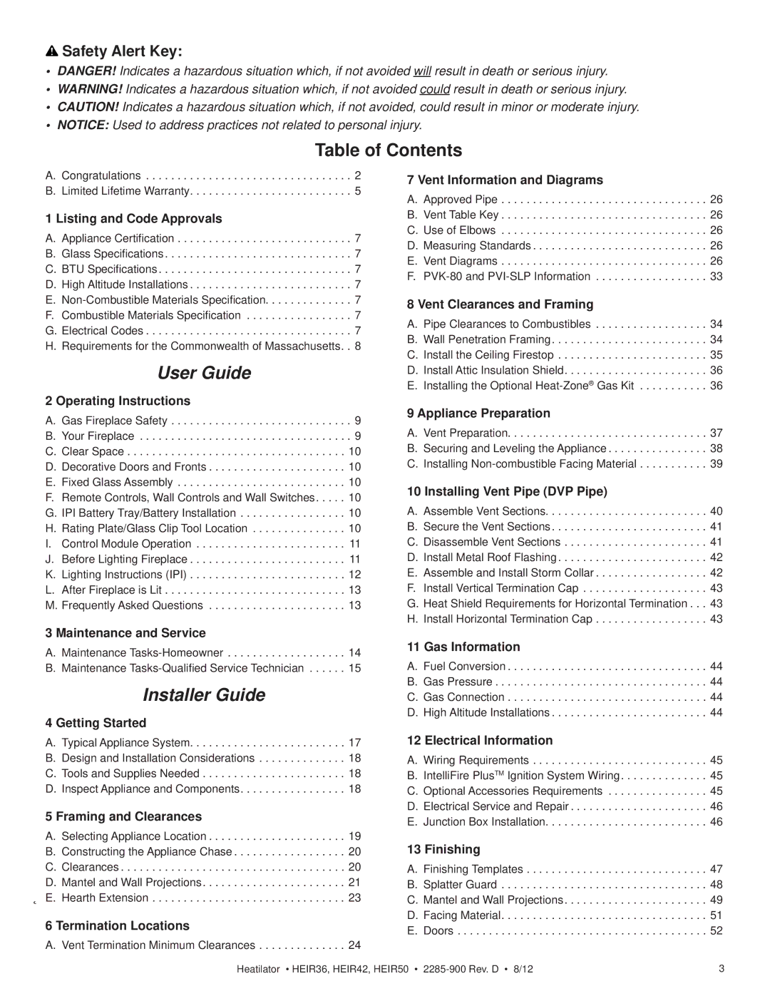 Heatiator HEIR36H, HEIR42H, HEIR42T, HEIR50T, HEIR36T, HEIR50H owner manual Table of Contents, User Guide 