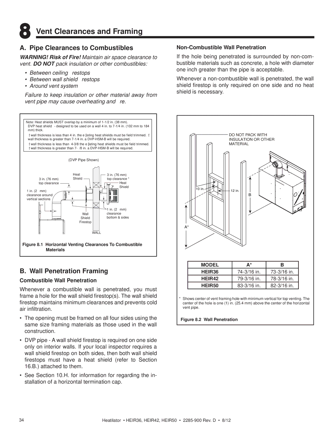 Heatiator HEIR36T, HEIR42H, HEIR42T Vent Clearances and Framing, Pipe Clearances to Combustibles, Wall Penetration Framing 