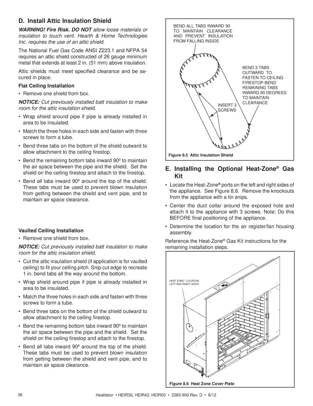 Heatiator HEIR42H Install Attic Insulation Shield, Installing the Optional Heat-ZoneGas Kit, Flat Ceiling Installation 