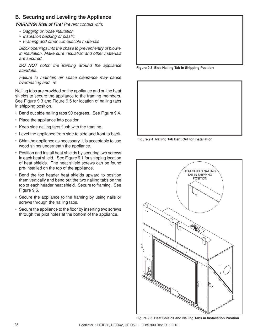 Heatiator HEIR50T, HEIR42H, HEIR42T, HEIR36H Securing and Leveling the Appliance, Side Nailing Tab in Shipping Position 