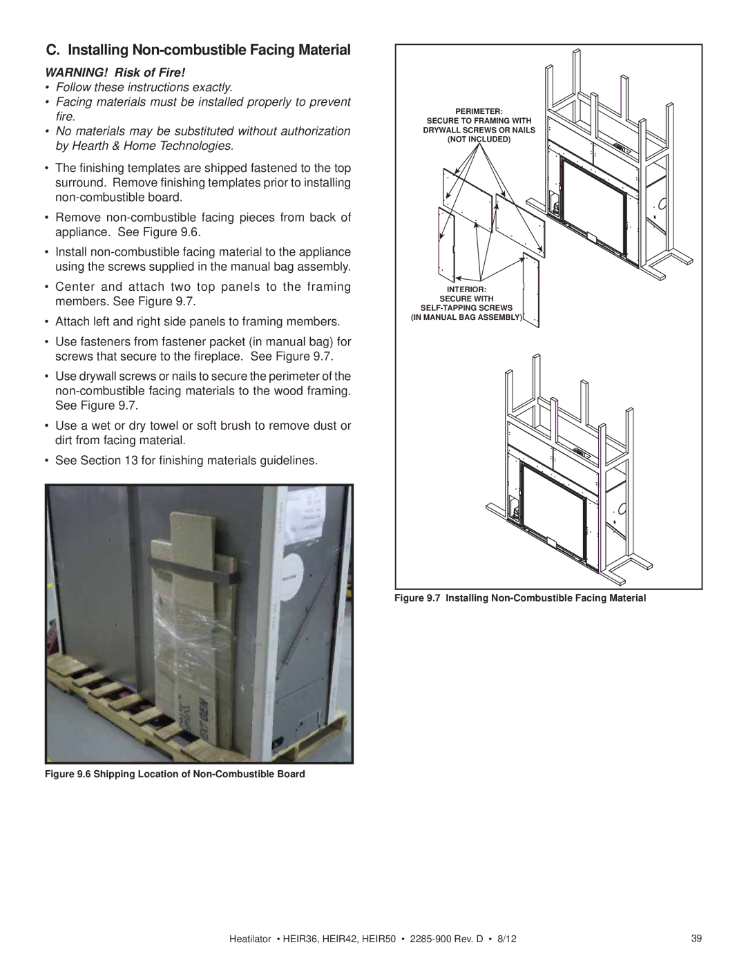 Heatiator HEIR36H, HEIR42H, HEIR42T Installing Non-combustible Facing Material, Installing Non-Combustible Facing Material 