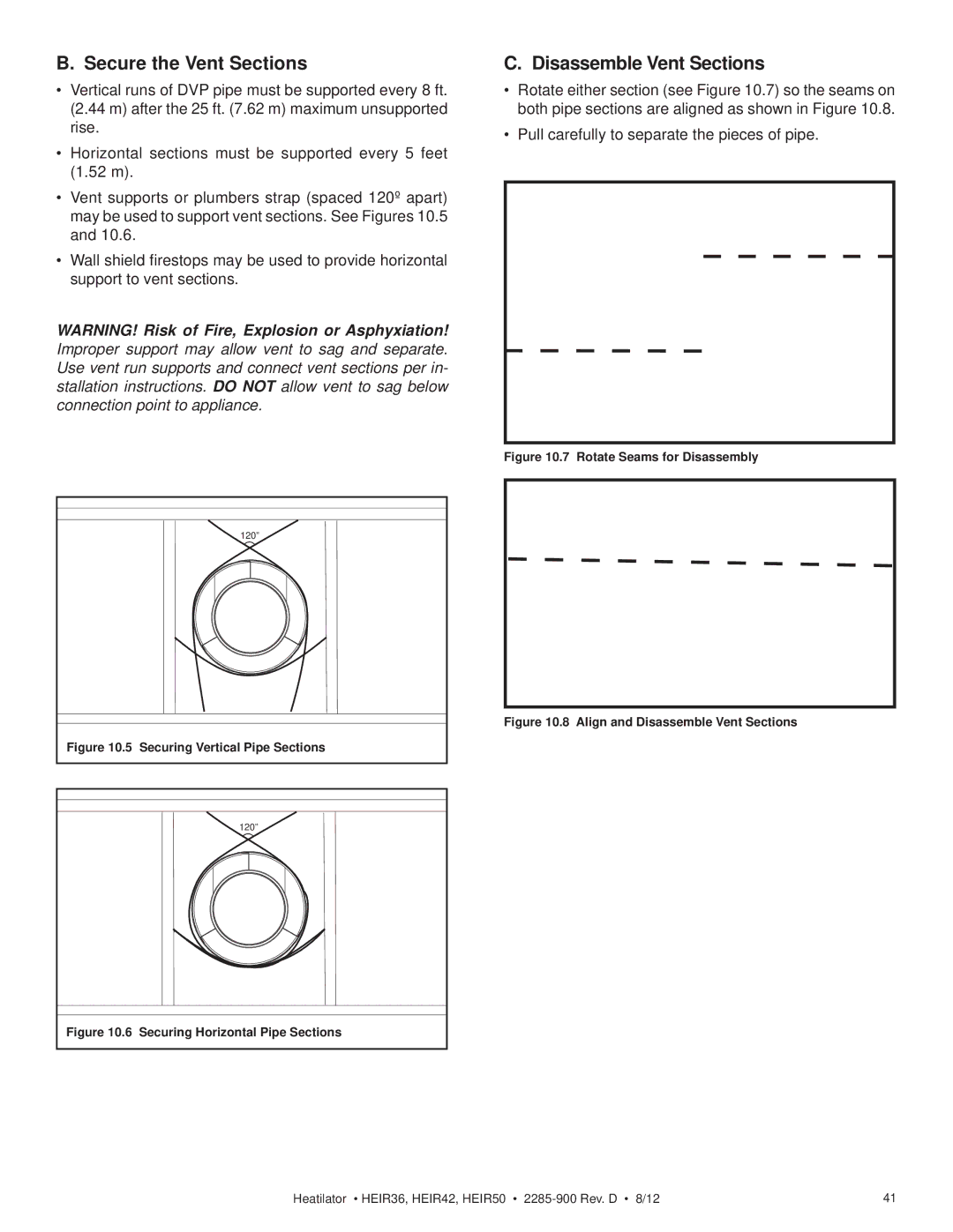 Heatiator HEIR50H, HEIR42H, HEIR42T, HEIR50T, HEIR36H, HEIR36T owner manual Secure the Vent Sections, Disassemble Vent Sections 