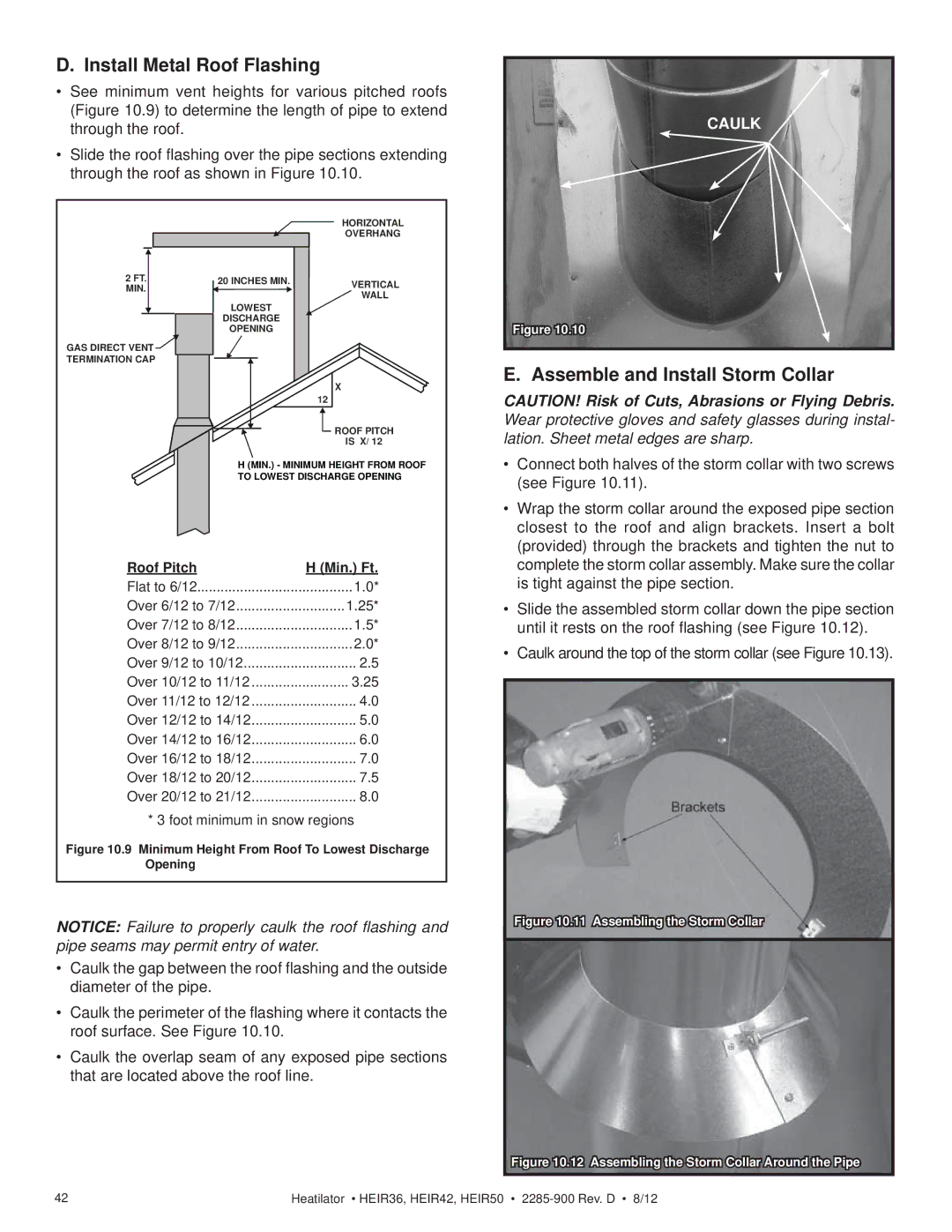 Heatiator HEIR42H, HEIR42T, HEIR50T, HEIR36H, HEIR36T, HEIR50H Install Metal Roof Flashing, Assemble and Install Storm Collar 