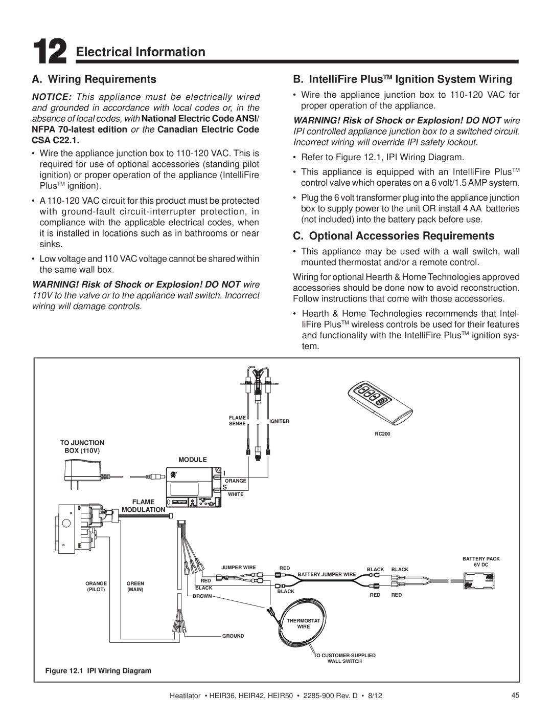 Heatiator HEIR36H Electrical Information, Wiring Requirements, IntelliFire PlusTM Ignition System Wiring, CSA C22.1 