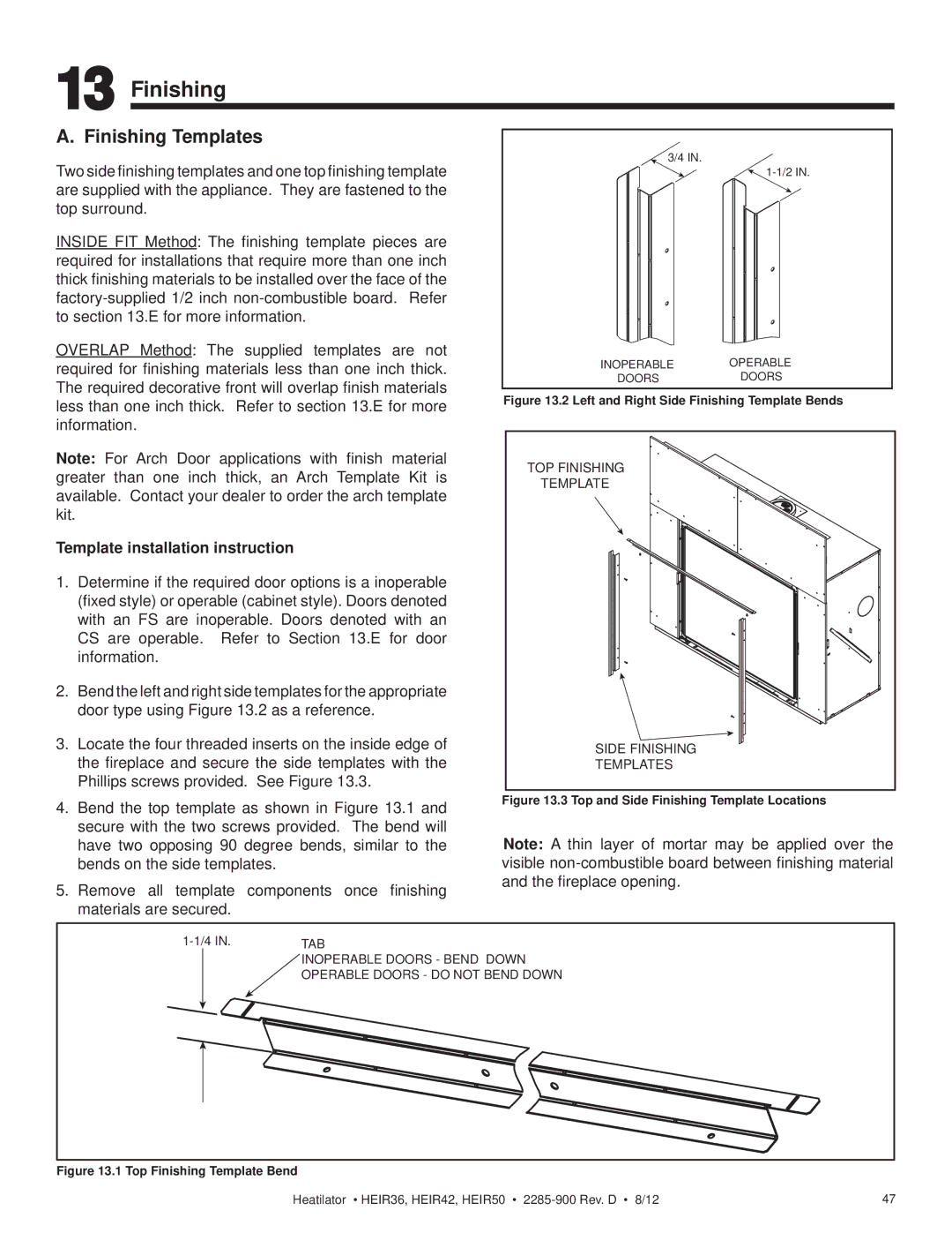 Heatiator HEIR50H, HEIR42H, HEIR42T, HEIR50T, HEIR36H, HEIR36T Finishing Templates, Template installation instruction 