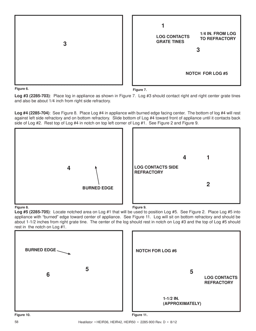 Heatiator HEIR36T, HEIR42H, HEIR42T, HEIR50T, HEIR36H, HEIR50H owner manual Burned Edge LOG Contacts Side Refractory 