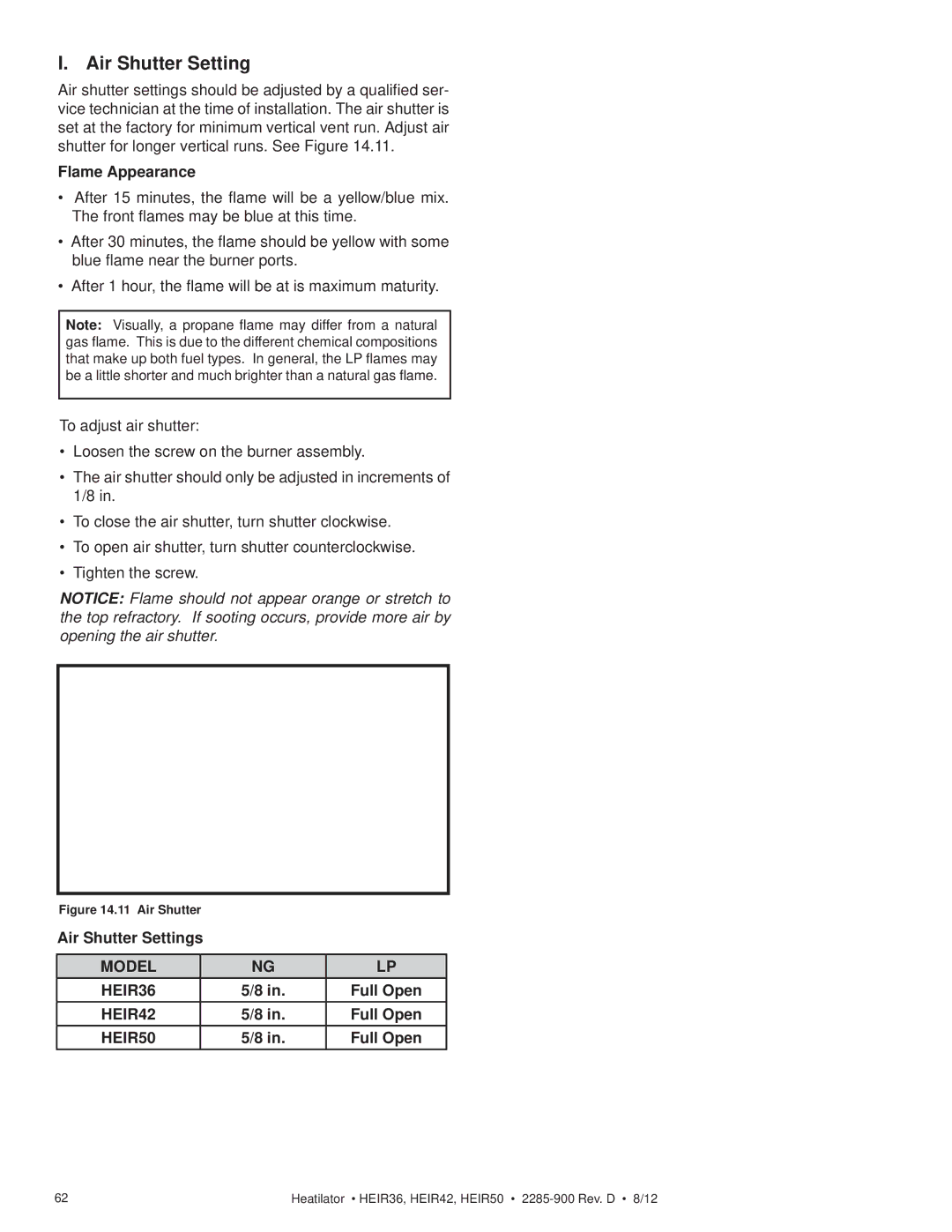 Heatiator HEIR50T, HEIR42H, HEIR42T, HEIR36H, HEIR36T, HEIR50H Flame Appearance, Air Shutter Settings, Full Open 
