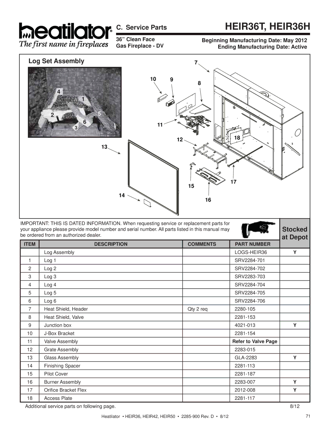 Heatiator HEIR50H, HEIR42H, HEIR42T, HEIR50T Service Parts, Log Set Assembly, At Depot, Description Comments Part Number 