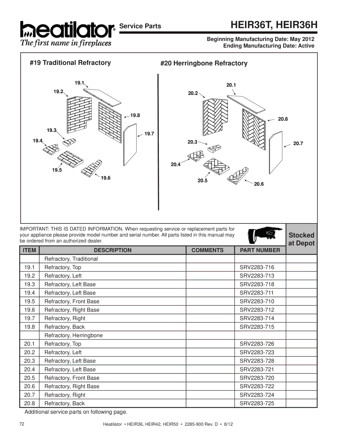 Heatiator HEIR42H #19 Traditional Refractory #20 Herringbone Refractory, Stocked, Description Comments Part Number 