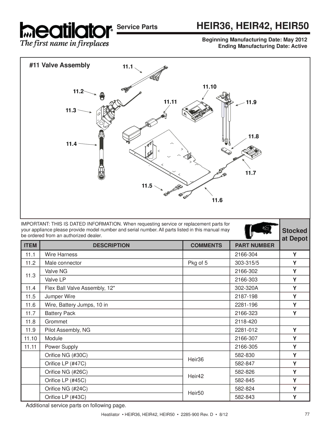 Heatiator HEIR50H, HEIR42H, HEIR42T, HEIR50T, HEIR36H, HEIR36T owner manual HEIR36, HEIR42, HEIR50, #11 Valve Assembly 