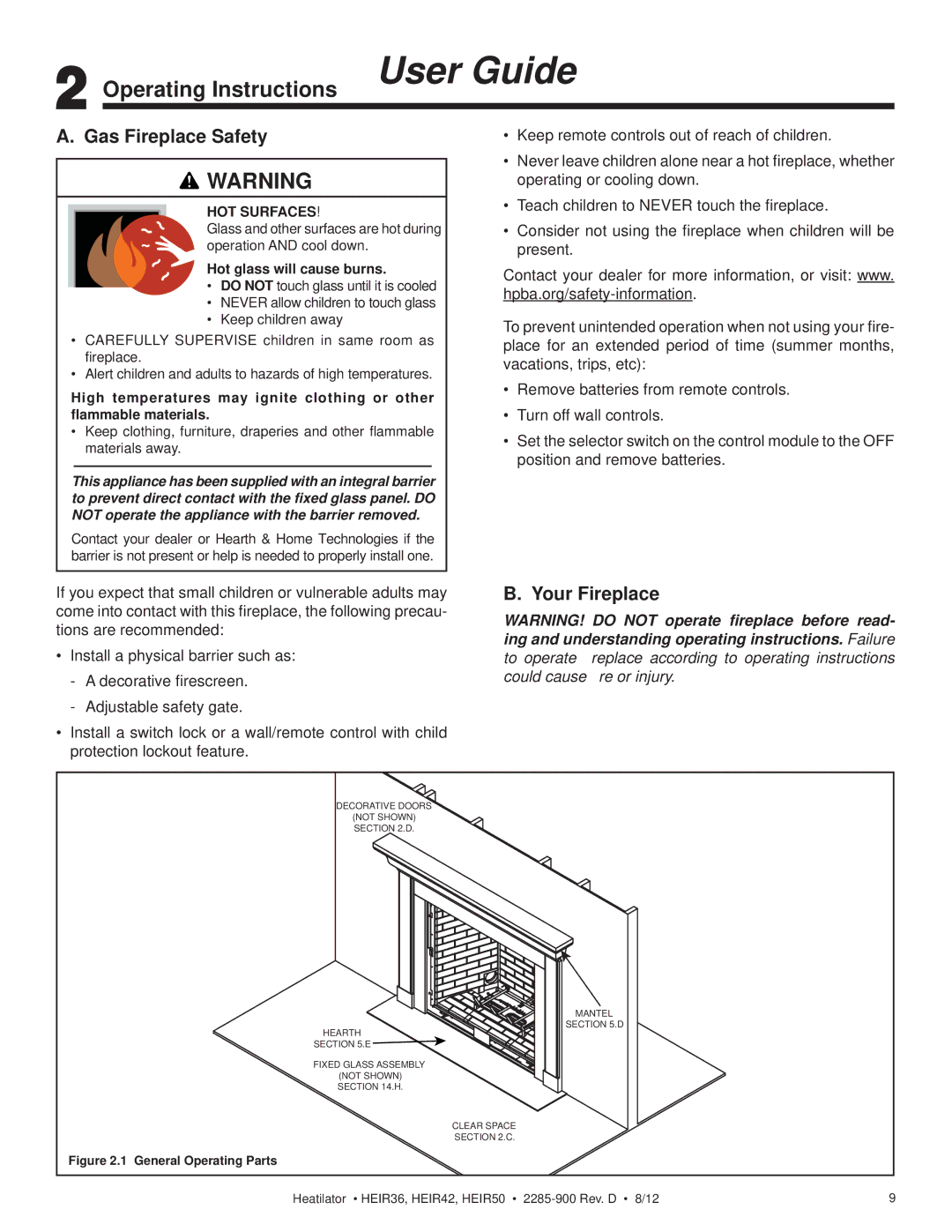 Heatiator HEIR36H, HEIR42H, HEIR42T, HEIR50T, HEIR36T Operating Instructions User Guide, Gas Fireplace Safety, Your Fireplace 