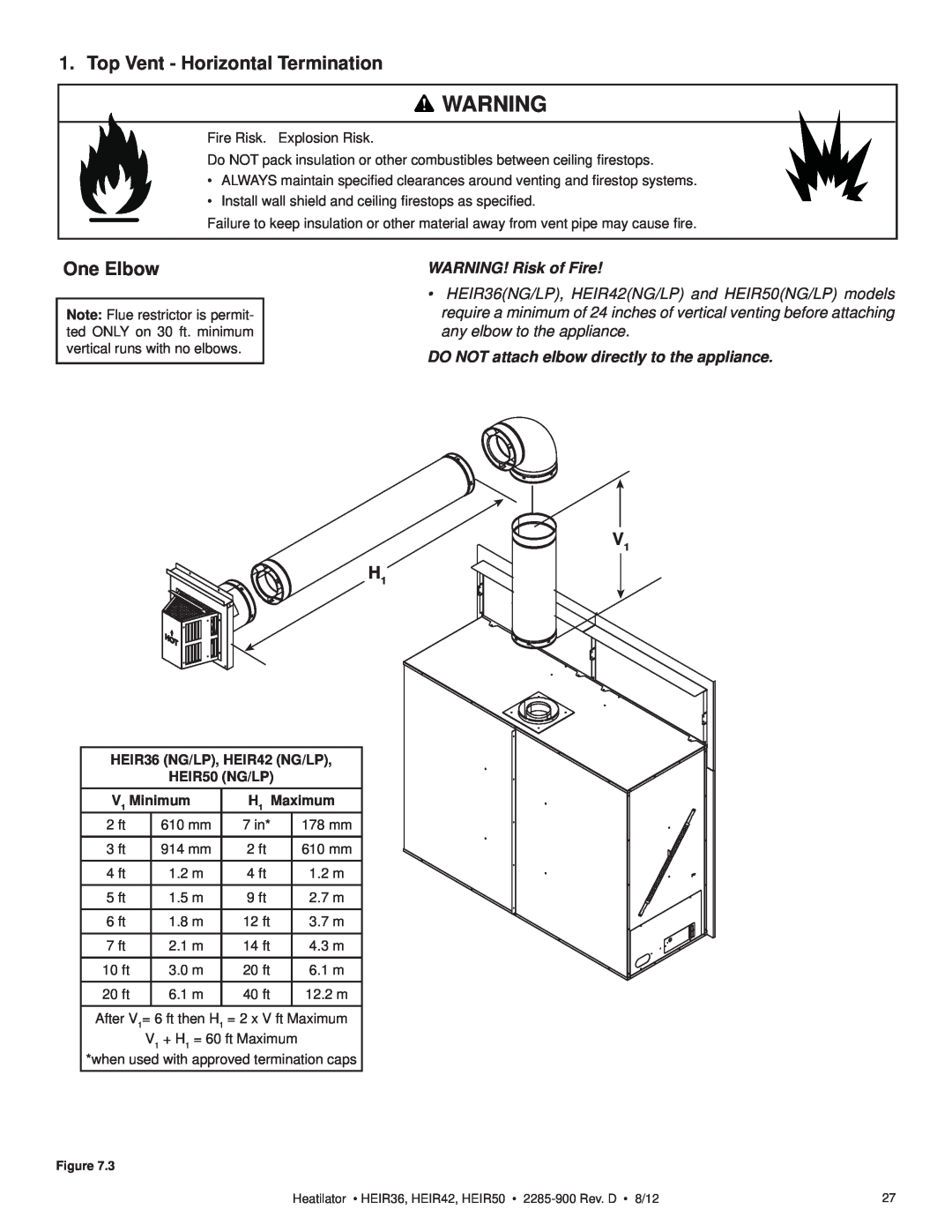 Heatiator HEIR36H, HEIR42H Top Vent - Horizontal Termination, One Elbow, V1 H1, WARNING! Risk of Fire, V1 Minimum, Maximum 