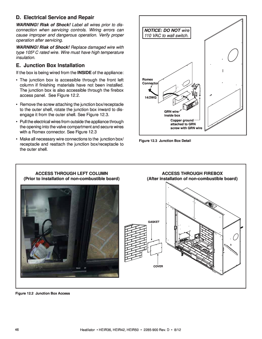 Heatiator HEIR36T, HEIR42H D. Electrical Service and Repair, E. Junction Box Installation, Access Through Left Column 