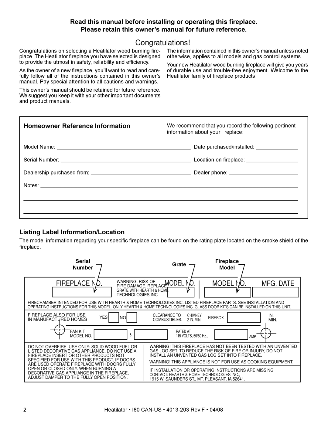 Heatiator I80 owner manual Listing Label Information/Location, Grate, Number 