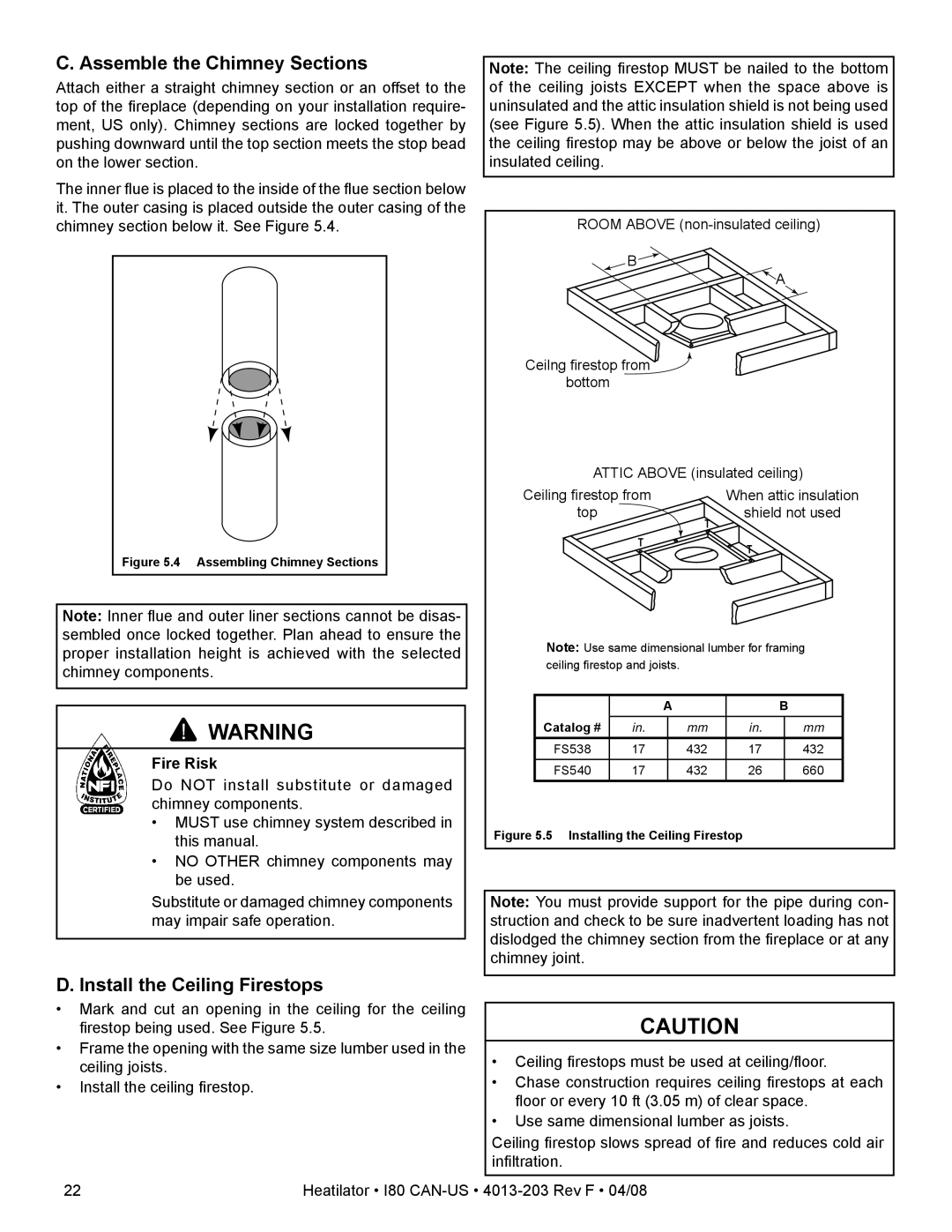 Heatiator I80 owner manual Assemble the Chimney Sections, Install the Ceiling Firestops 