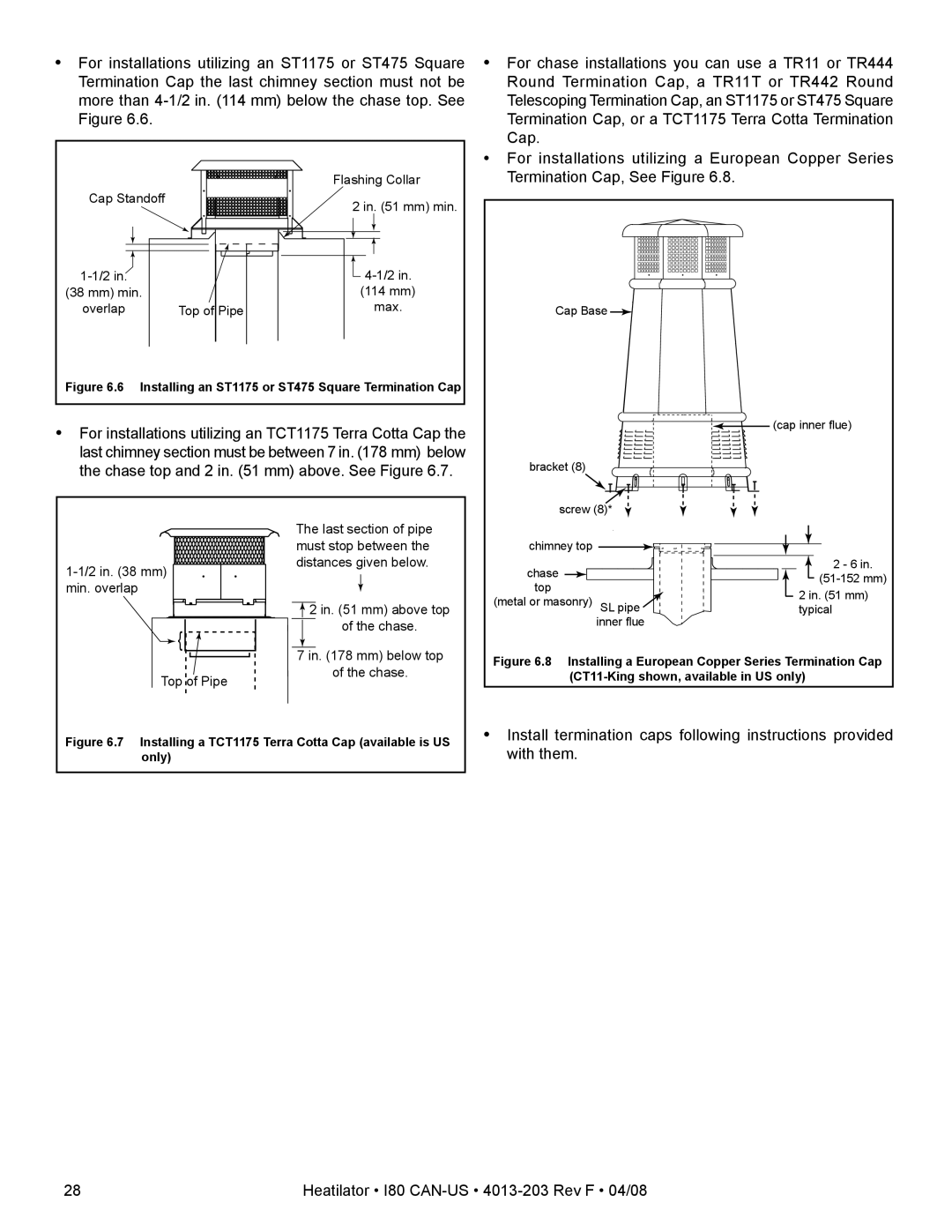 Heatiator I80 owner manual Installing an ST1175 or ST475 Square Termination Cap 