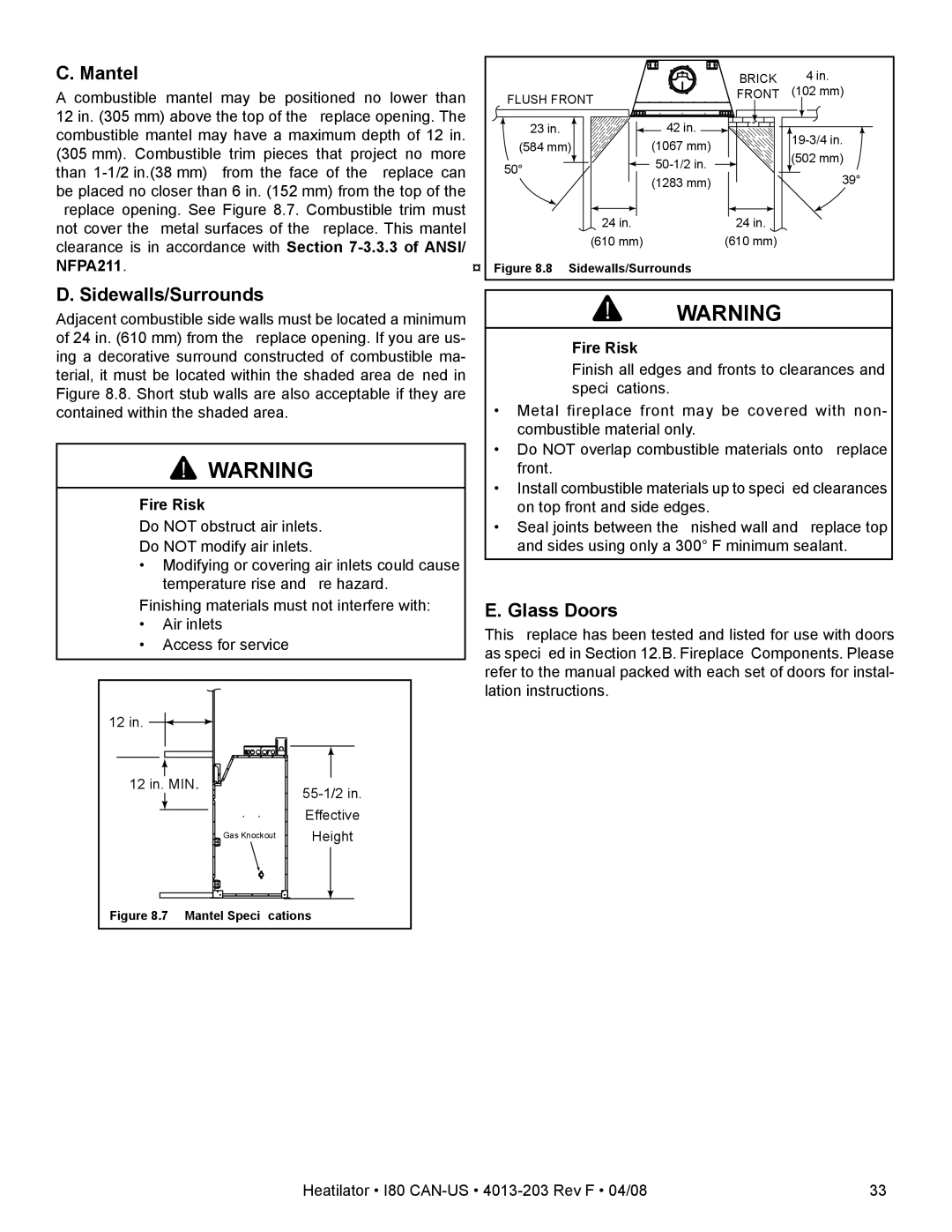 Heatiator I80 owner manual Mantel, Glass Doors, NFPA211 