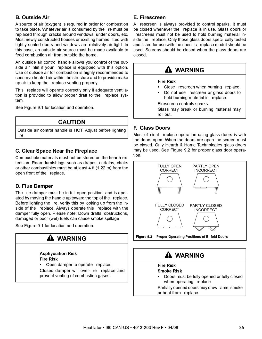 Heatiator I80 owner manual Outside Air, Clear Space Near the Fireplace, Flue Damper, Firescreen 