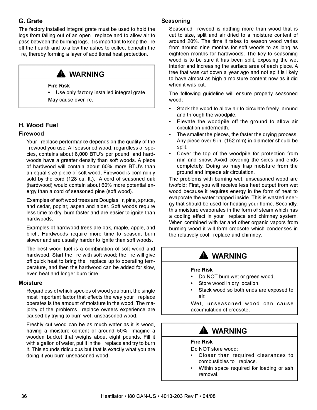 Heatiator I80 owner manual Grate, Wood Fuel, Firewood, Moisture, Seasoning 