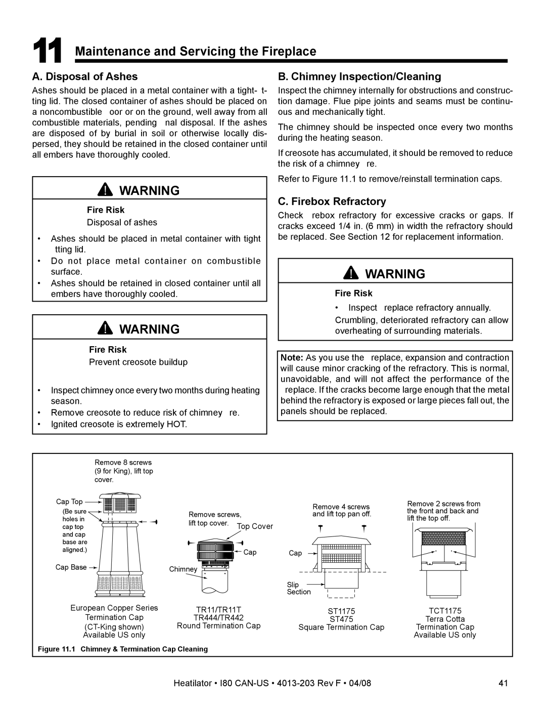 Heatiator I80 Maintenance and Servicing the Fireplace, Disposal of Ashes, Chimney Inspection/Cleaning, Firebox Refractory 