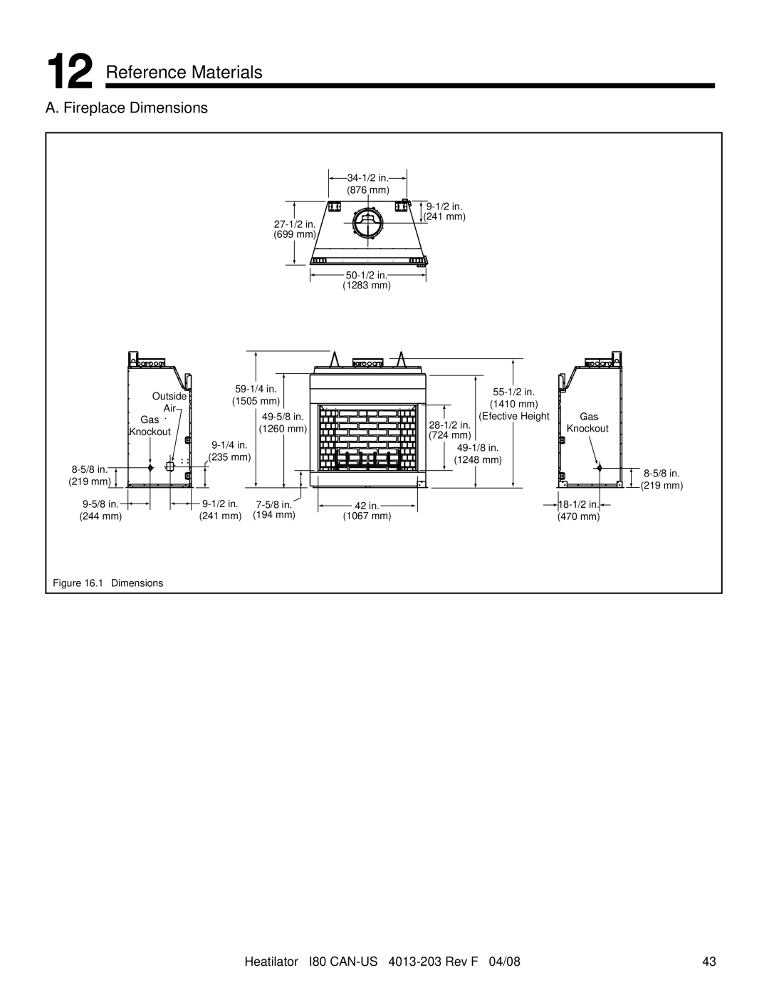 Heatiator I80 owner manual Reference Materials, Fireplace Dimensions 