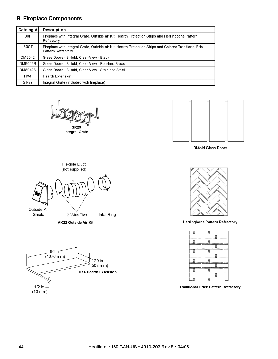 Heatiator I80 owner manual Fireplace Components, Catalog # Description 