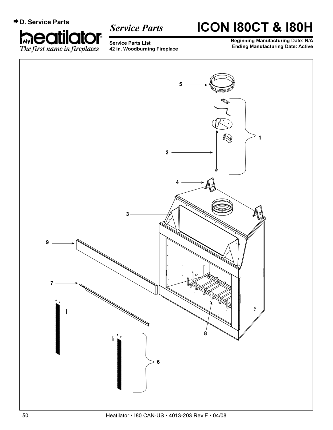 Heatiator owner manual ¨ D. Service Parts, Heatilator I80 CAN-US 4013-203 Rev F 04/08 