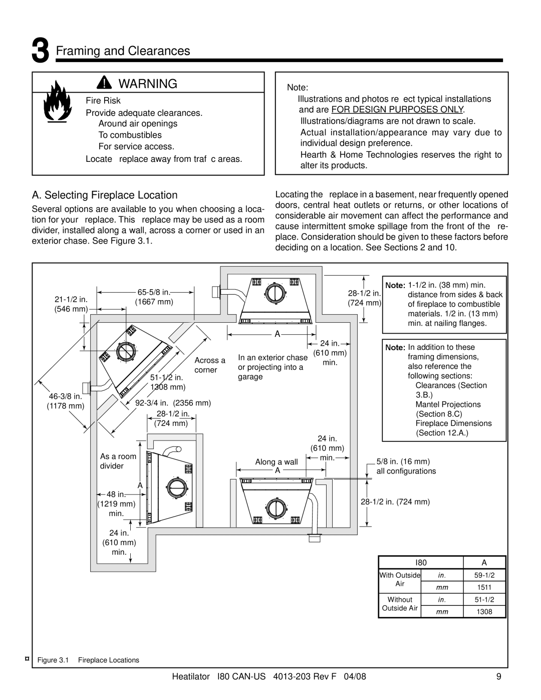 Heatiator I80 owner manual Framing and Clearances, Selecting Fireplace Location 