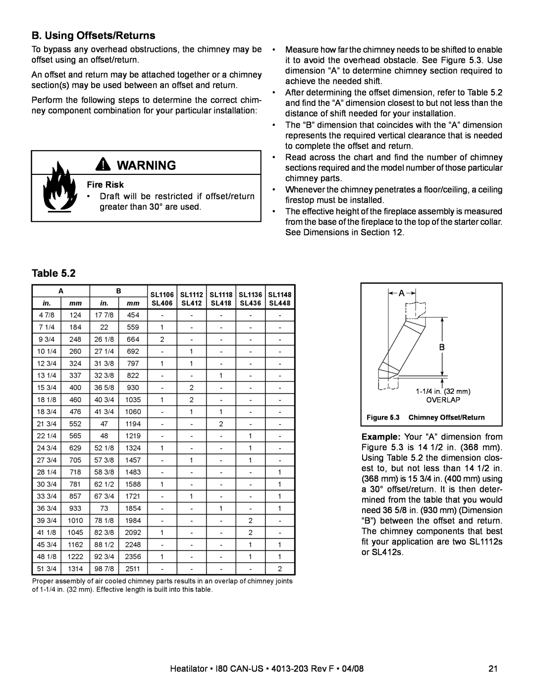 Heatiator I80 owner manual B. Using Offsets/Returns, Fire Risk 