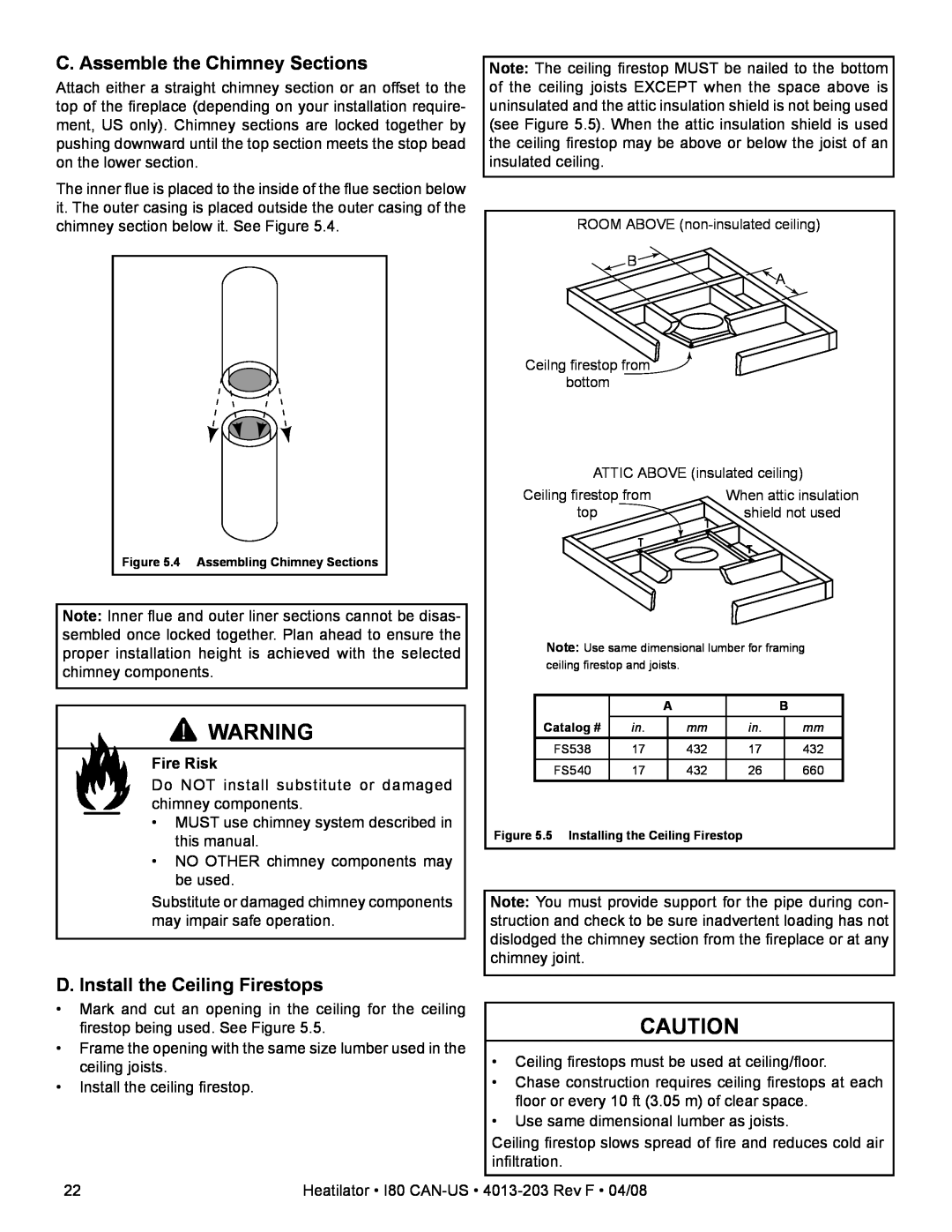 Heatiator I80 owner manual C. Assemble the Chimney Sections, D. Install the Ceiling Firestops, Fire Risk 