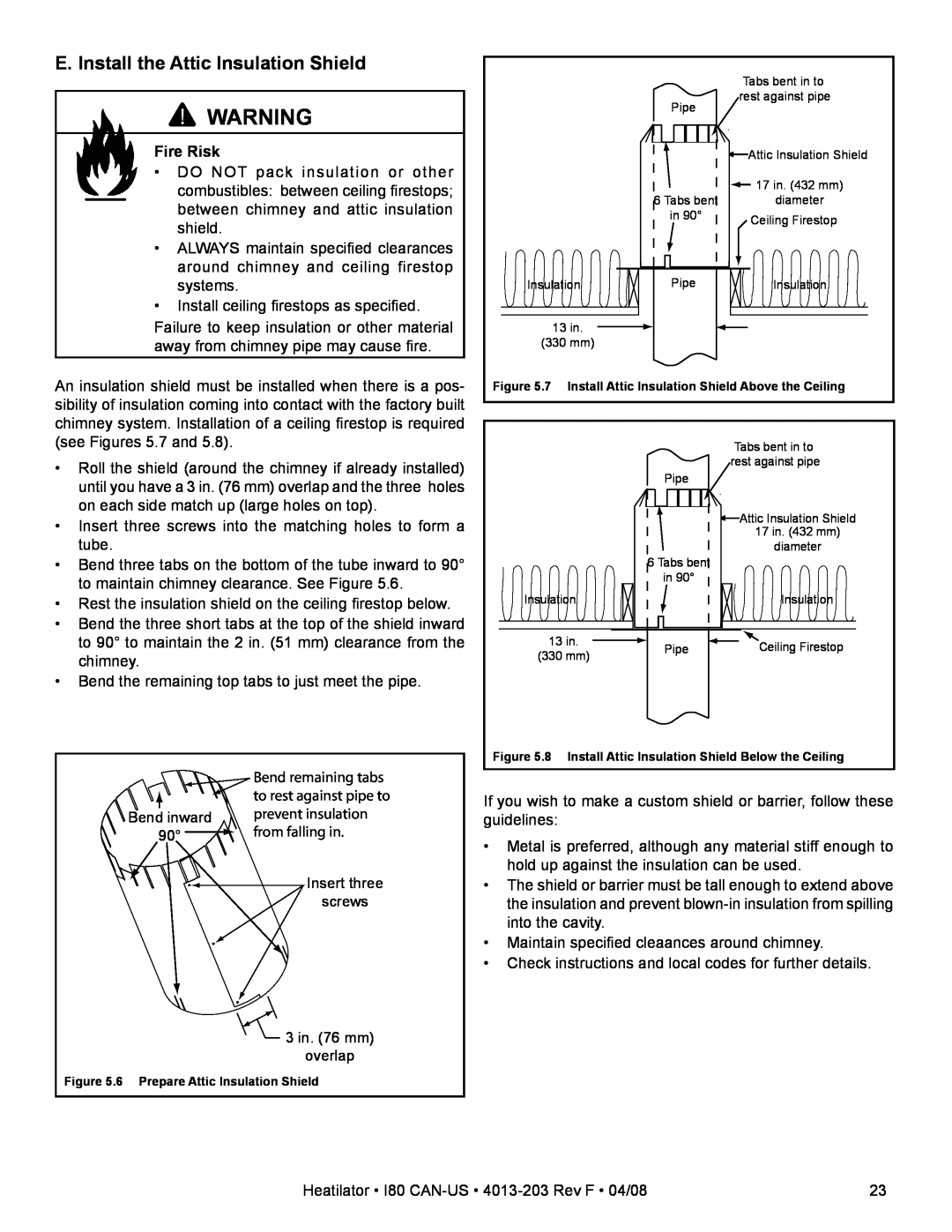 Heatiator I80 owner manual E. Install the Attic Insulation Shield, Fire Risk 