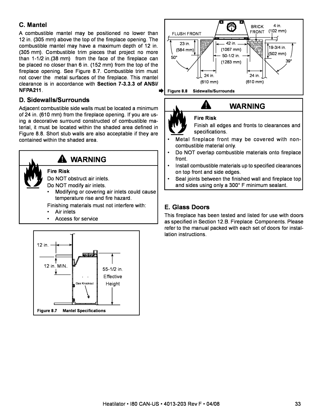 Heatiator I80 owner manual C. Mantel, D. Sidewalls/Surrounds, E. Glass Doors, NFPA211, Fire Risk 
