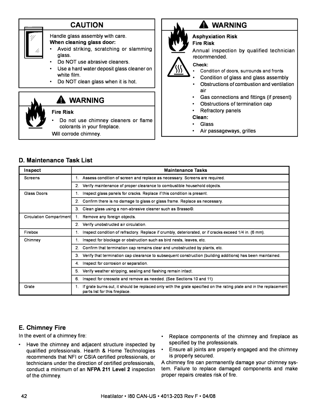 Heatiator I80 D. Maintenance Task List, E. Chimney Fire, When cleaning glass door, Asphyxiation Risk Fire Risk, Clean 