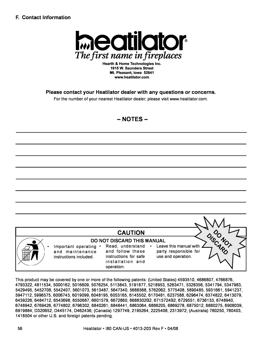 Heatiator I80 owner manual F. Contact Information, Do Discardnot 