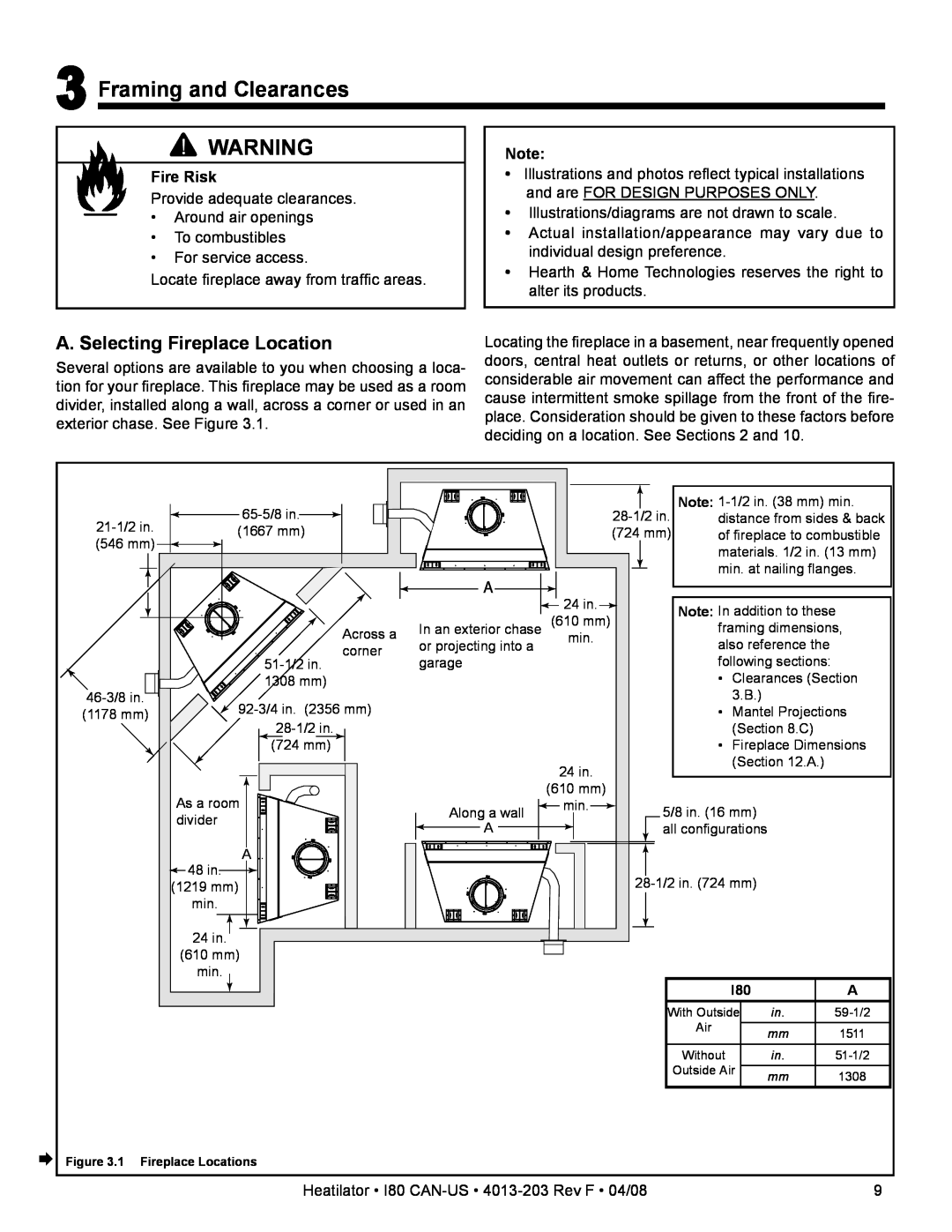 Heatiator I80 owner manual Framing and Clearances, A. Selecting Fireplace Location, Fire Risk 