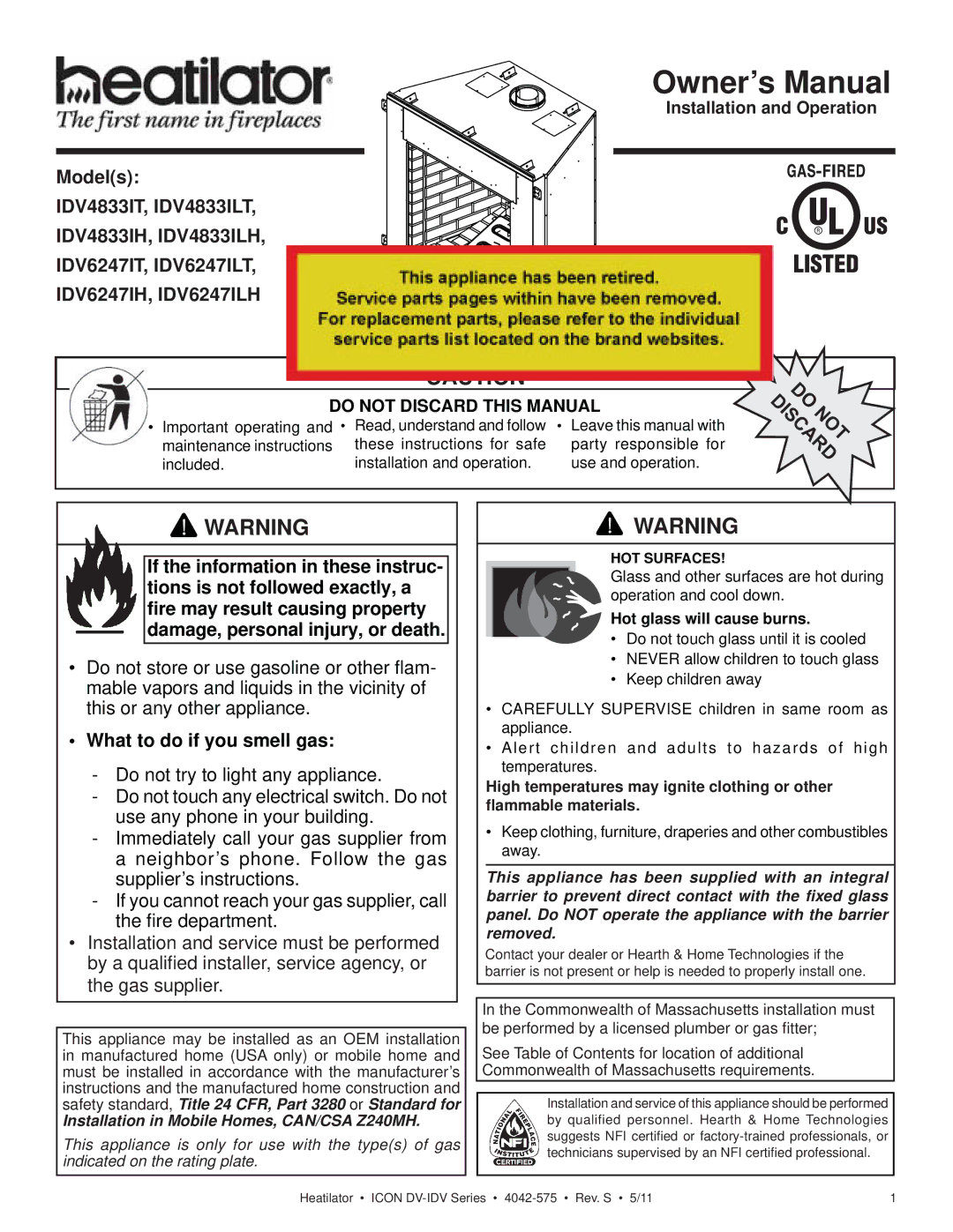 Heatiator IDV4833IT owner manual IDV6247IH, IDV6247ILH, Installation and Operation 